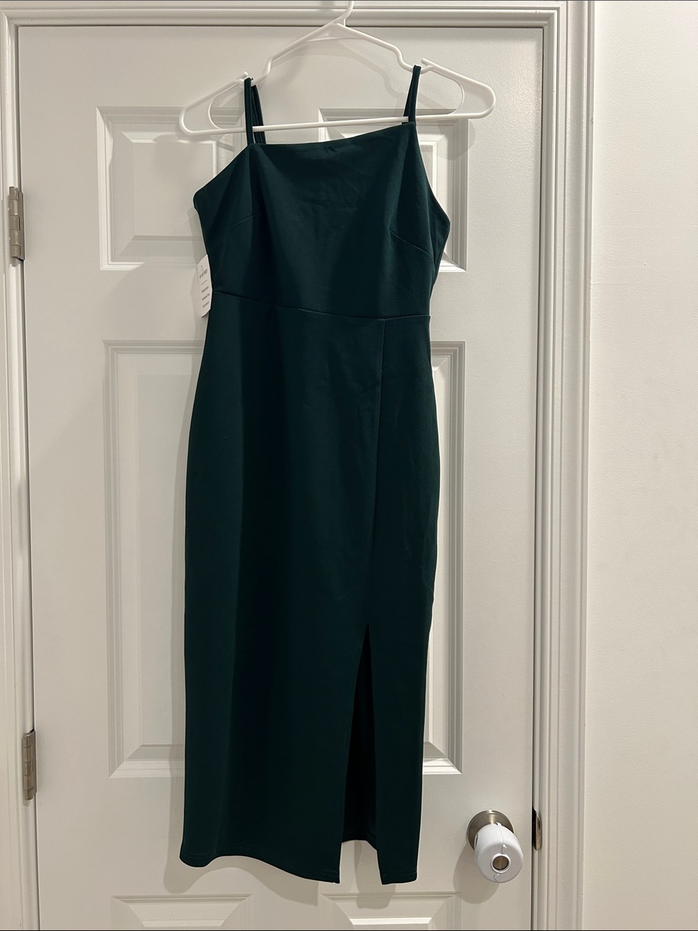 Asymmetrical Neck, Dark Green Midi Dress